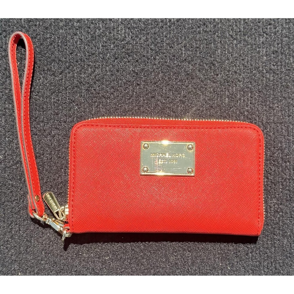 Michael Kors Wallet Wristlet Womens One Size Red Saffiano Leather Zip Around‎